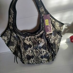 New Kooba Leather Snakeskin Print Double Strap Large Hobo Handbag Multicolor